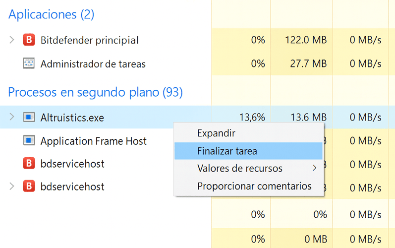 Proceso Altruistics.exe mostrando un alto consumo de CPU en el Administrador de Tareas