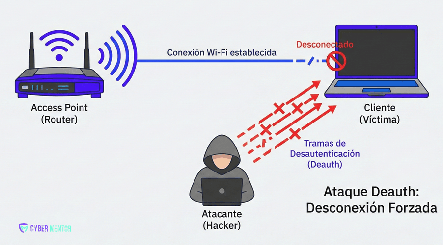 Esquema de un ataque deauth o desautenticación a una red Wi-Fi.