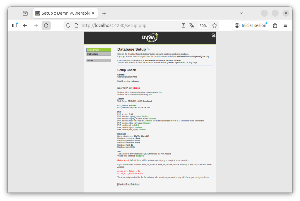 Página de configuración de DVWA antes de la instalación.