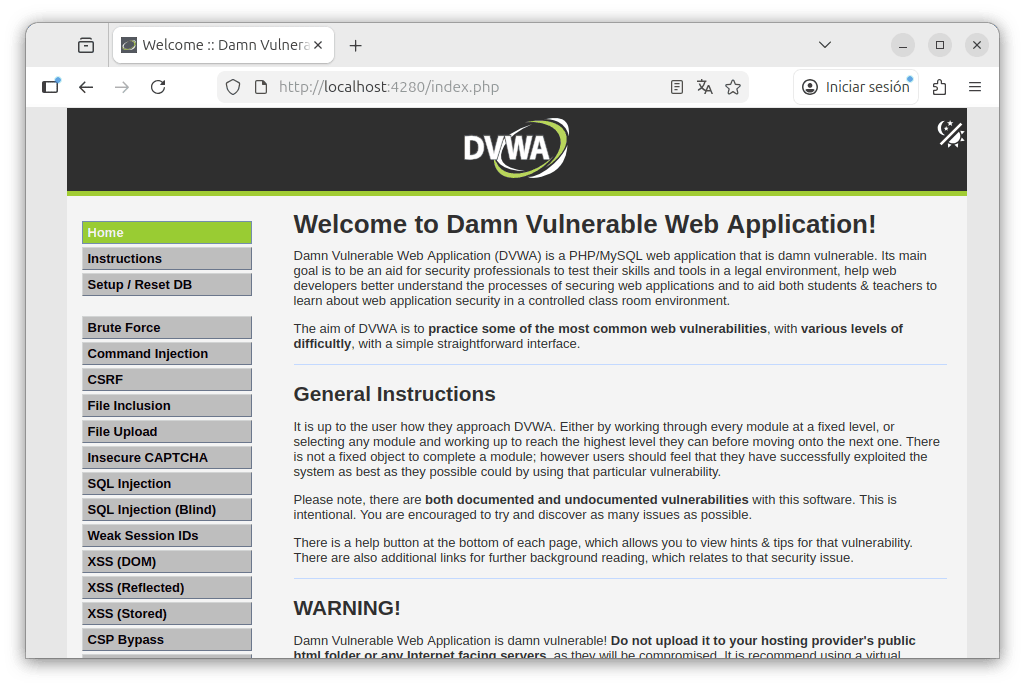 Dashboard del tutorial de DVWA con el menú de opciones.