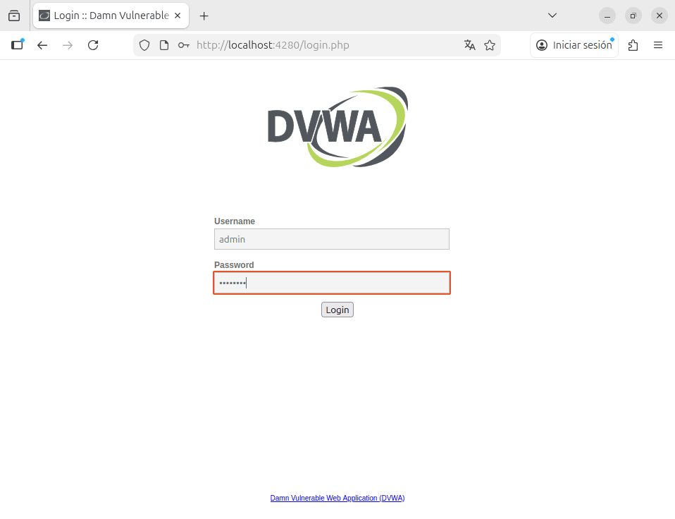 Formulario de inicio de sesión para el tutorial de DVWA.