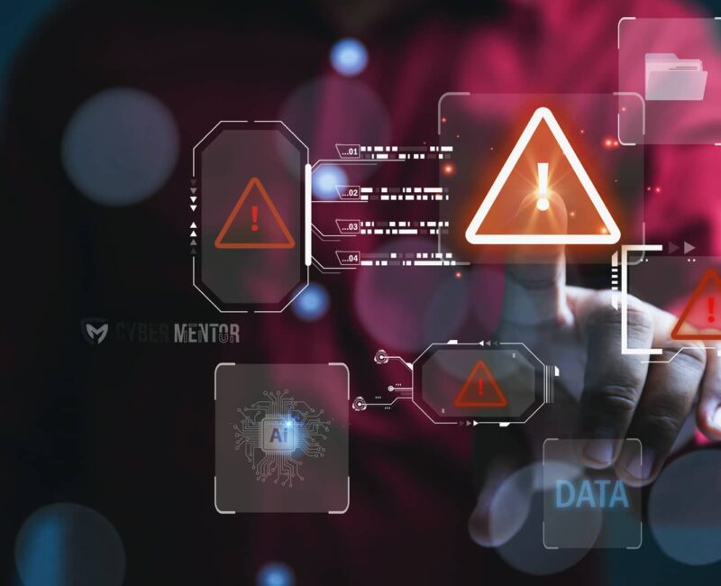 Profesional detectando indicadores de ataques informáticos a empresas en una pantalla táctil futurista.