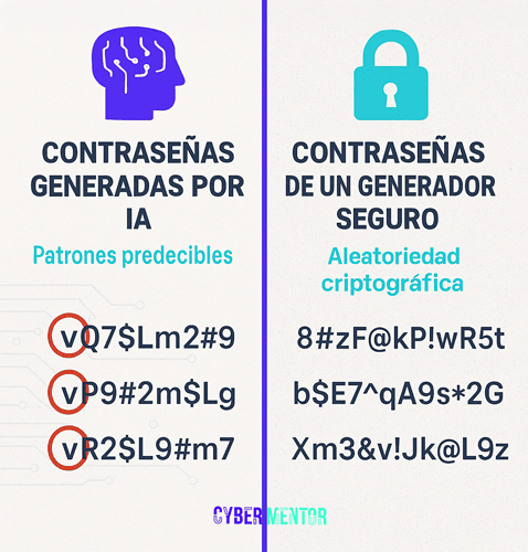 Comparativa visual de contraseñas generadas con IA frente a contraseñas aleatorias seguras