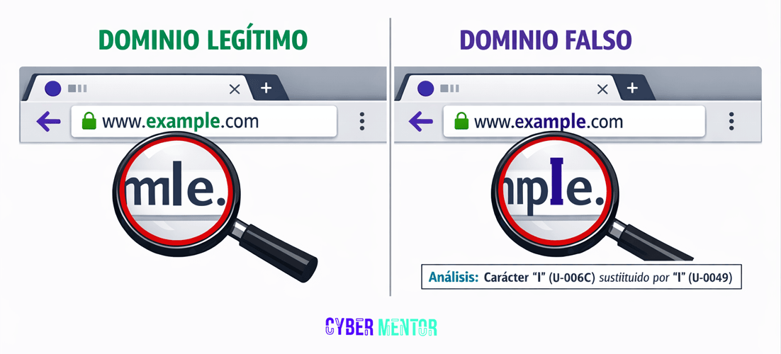 Ejemplo visual de un ataque homógrafo con dominios falsificados