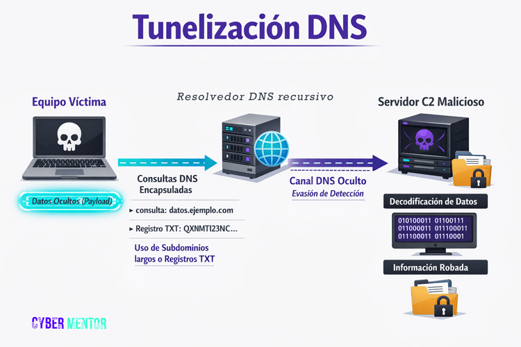 Ilustración detallada del proceso de tunelización DNS