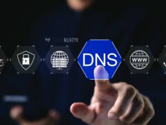 Concepto de seguridad DNS con iconos de protección de red