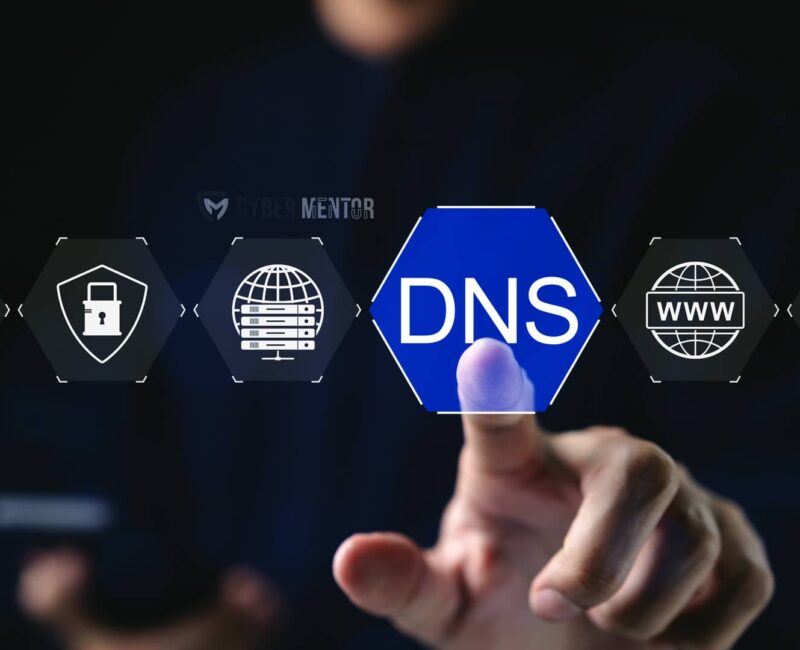 Concepto de seguridad DNS con iconos de protección de red