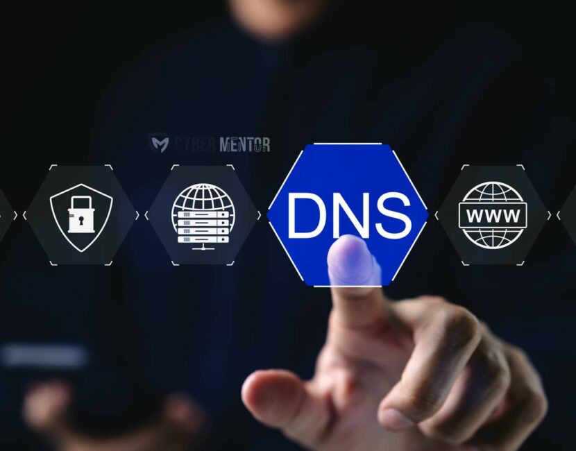 Concepto de seguridad DNS con iconos de protección de red